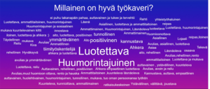 Hyvän työkaverin omaisuudet sanapilvessä
