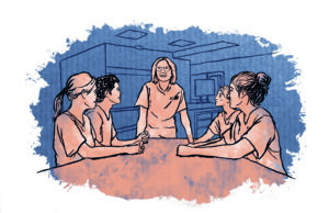 Piirroskuvassa ihmisiä keskustelemassa pöydän ääressä ja yksi seisoo puhumassa pöydän päässä.