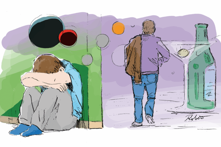 Piirroskuvassa surullinen poika ja isä, joka kävelee kohti pulloa.